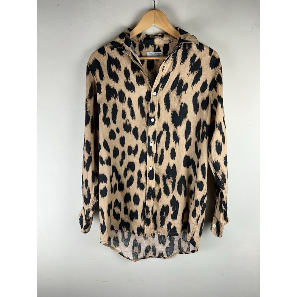 Emily Phillips Shirt Womens Sz 5 Tan Black Button Down Leopard Tunic Classic